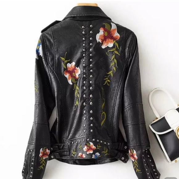 New! Black Embroidered Flowers With Stud Faux Leather Motorcycle Style Jacket - Picture 2 of 15